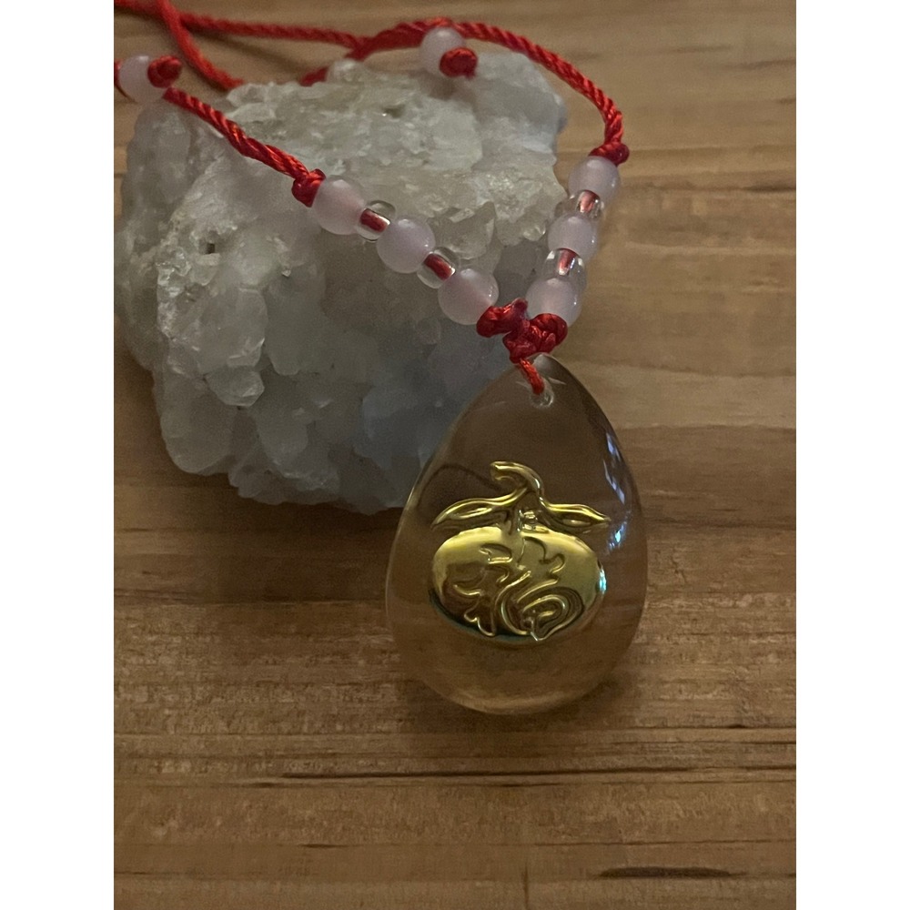 NEW 14k Gold Fu Character Glass Pendant Necklace Beaded Red Cord Gold Luck Charm